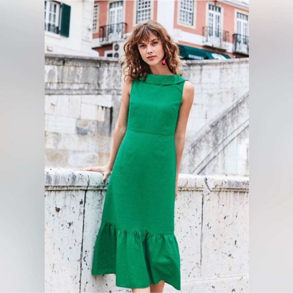 Boden Clarice Green Linen Blend Midi Dress 2P NWT